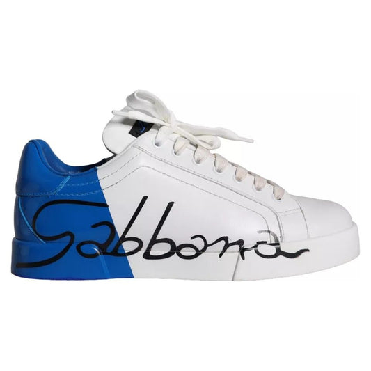 Dolce & Gabbana White Blue Leather Logo Low Top Sneakers Men Shoes Dolce & Gabbana