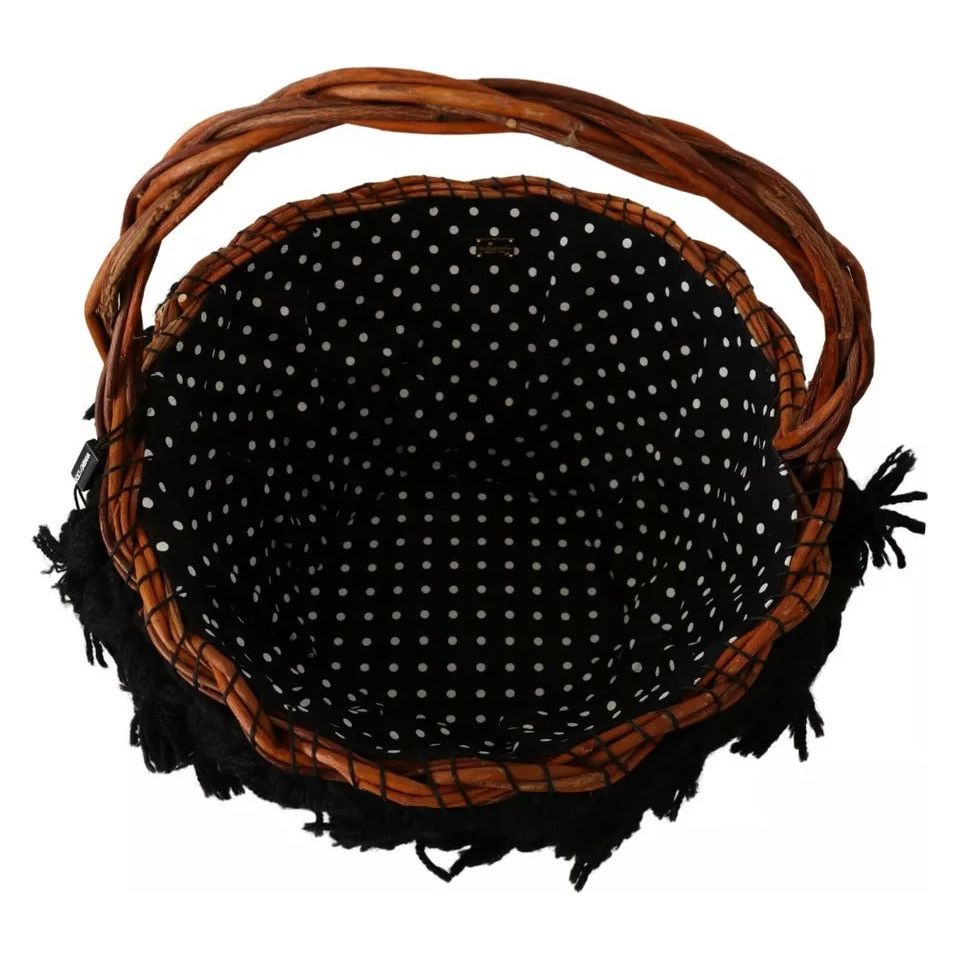 Dolce & Gabbana Black Beige Straw Basket Tote Pom Pom Crystals Bag Dolce & Gabbana