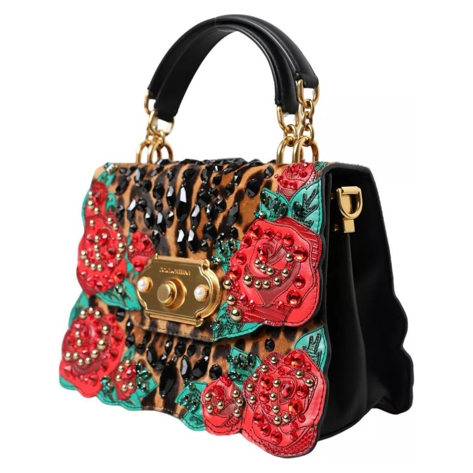 Dolce & Gabbana Multicolor Leopard Crystal Roses WELCOME Fur Bag Dolce & Gabbana