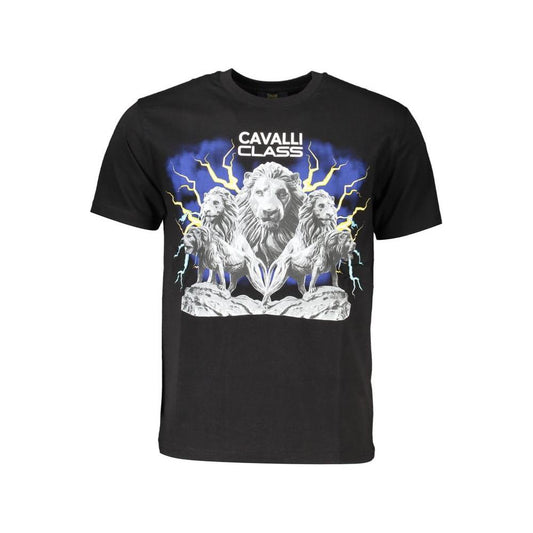 Cavalli Class Elegant Round Neck Black Tee with Classic Print Cavalli Class