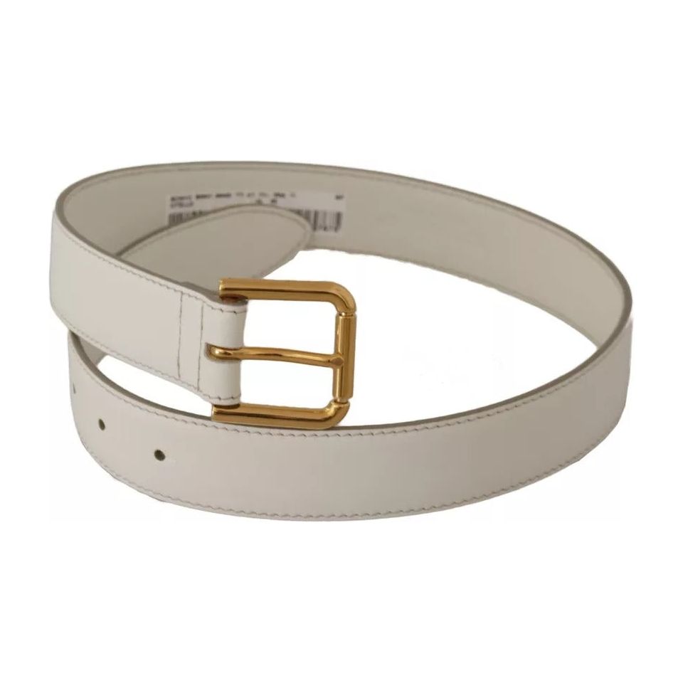 Dolce & Gabbana White Leather Gold Logo Engraved Metal Buckle Belt Dolce & Gabbana