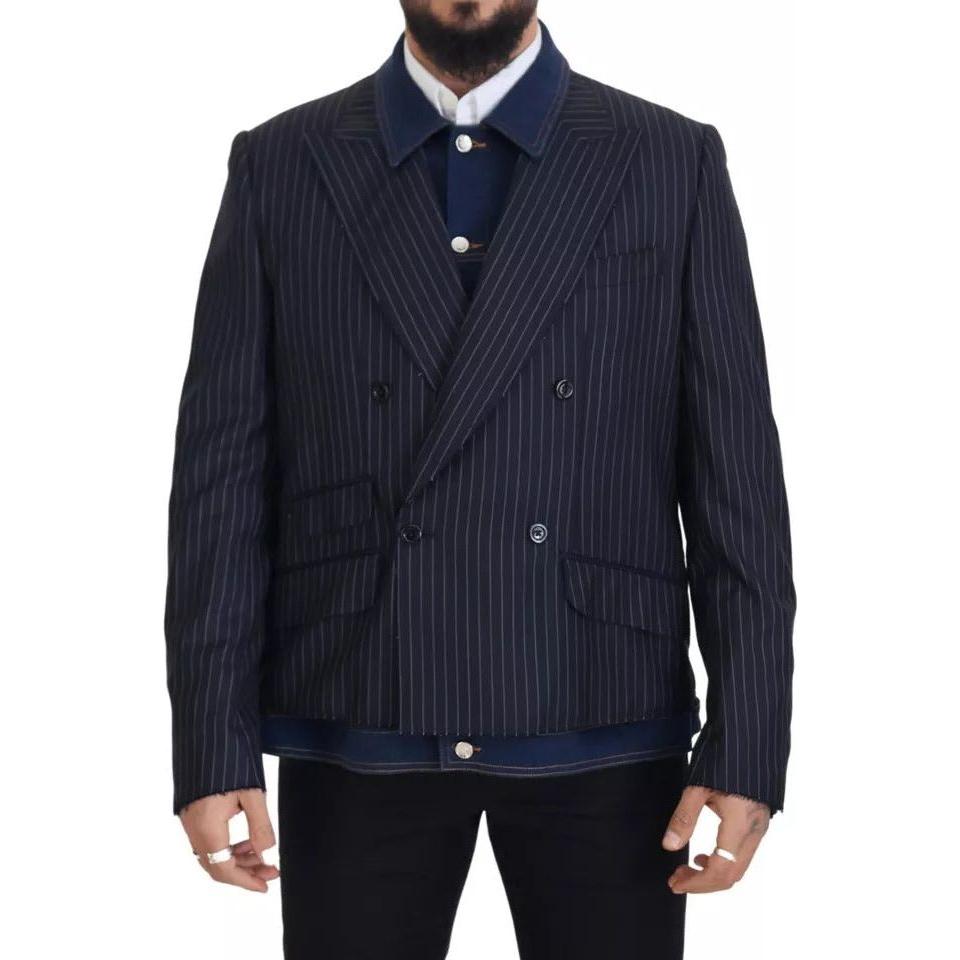 Dolce & Gabbana Blue Striped Double Breasted Denim Blazer Dolce & Gabbana