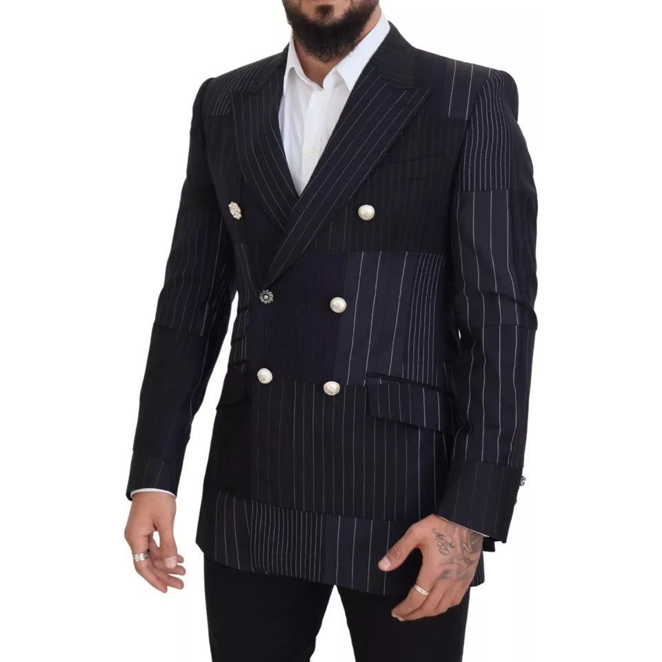 Dolce & Gabbana Blue Wool Patchwork Double Breasted Blazer Dolce & Gabbana