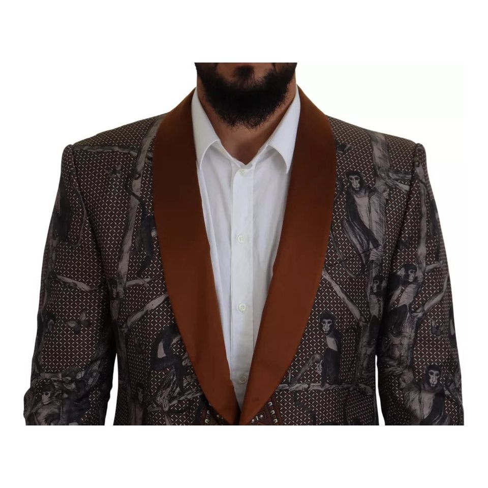 Dolce & Gabbana Bronze Monkey Print Silk Slim Jacket Blazer Dolce & Gabbana