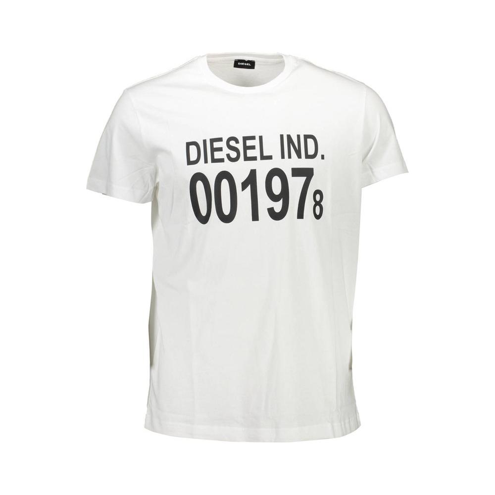 Diesel White Cotton Crew Neck Tee with Print Logo Diesel