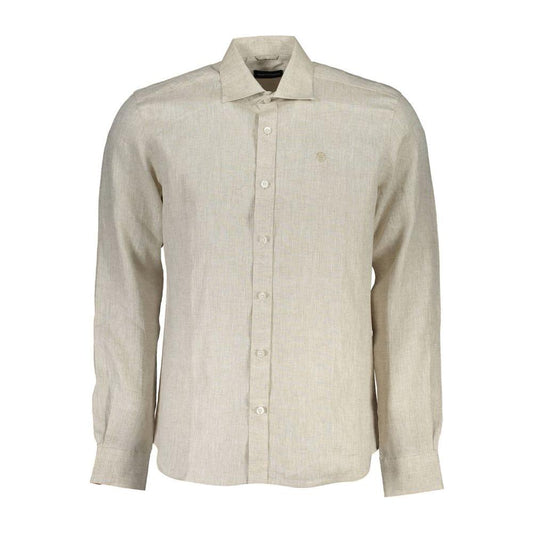 North Sails Beige Linen Italian Collar Shirt with Logo Embroidery North Sails