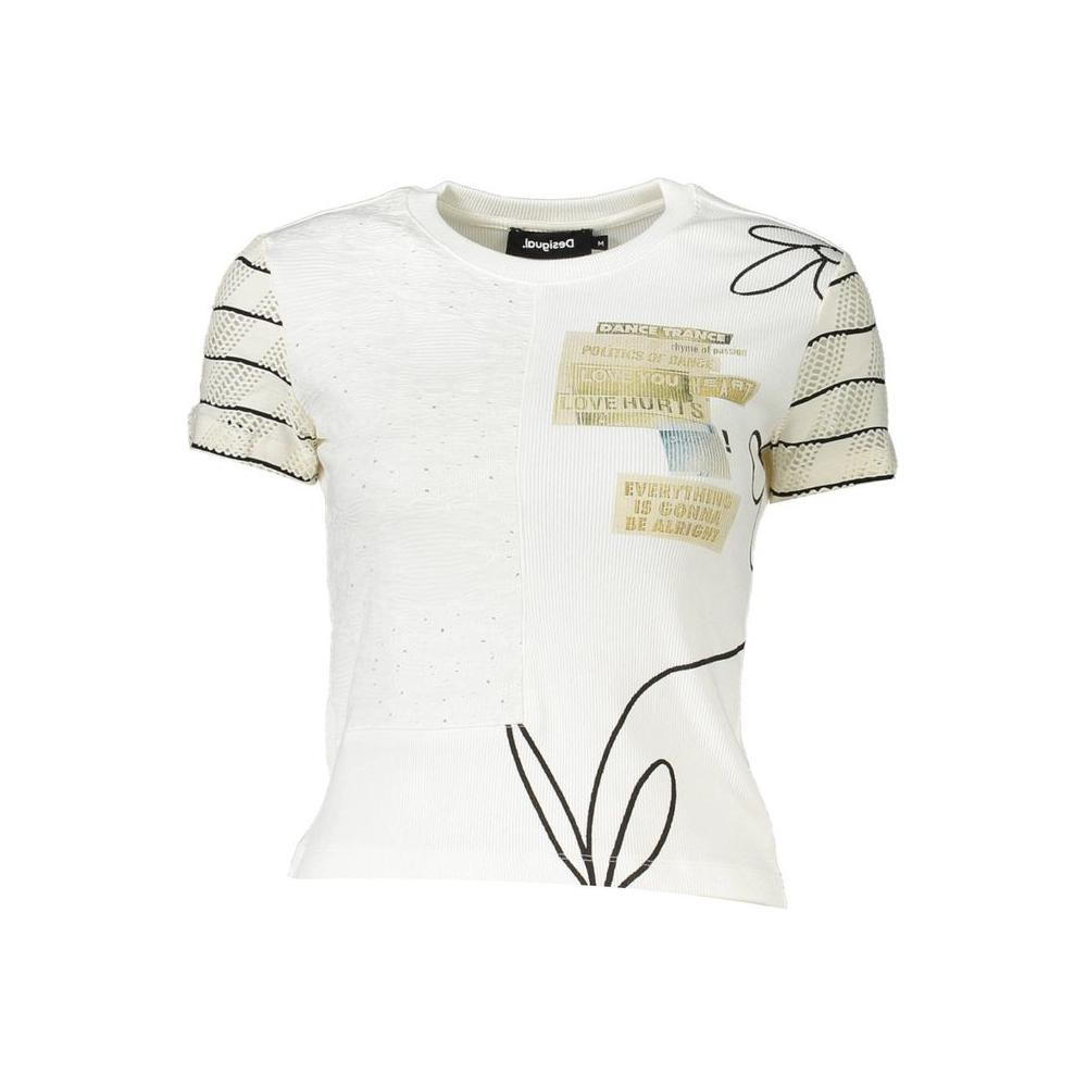 Desigual Chic White Printed Tee with Contrast Detail Desigual