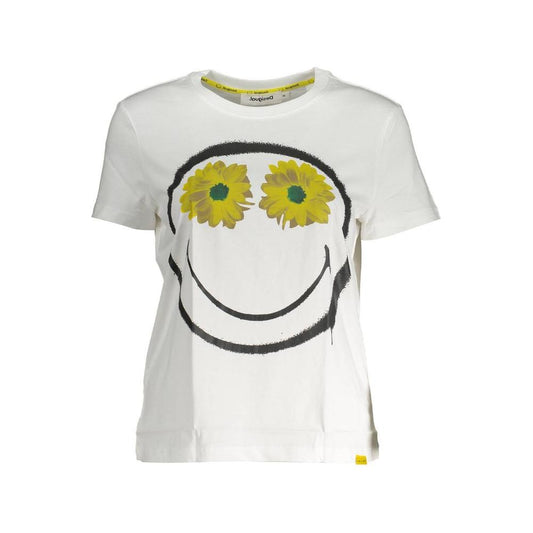 Desigual Chic White Printed Cotton Tee with Logo Desigual