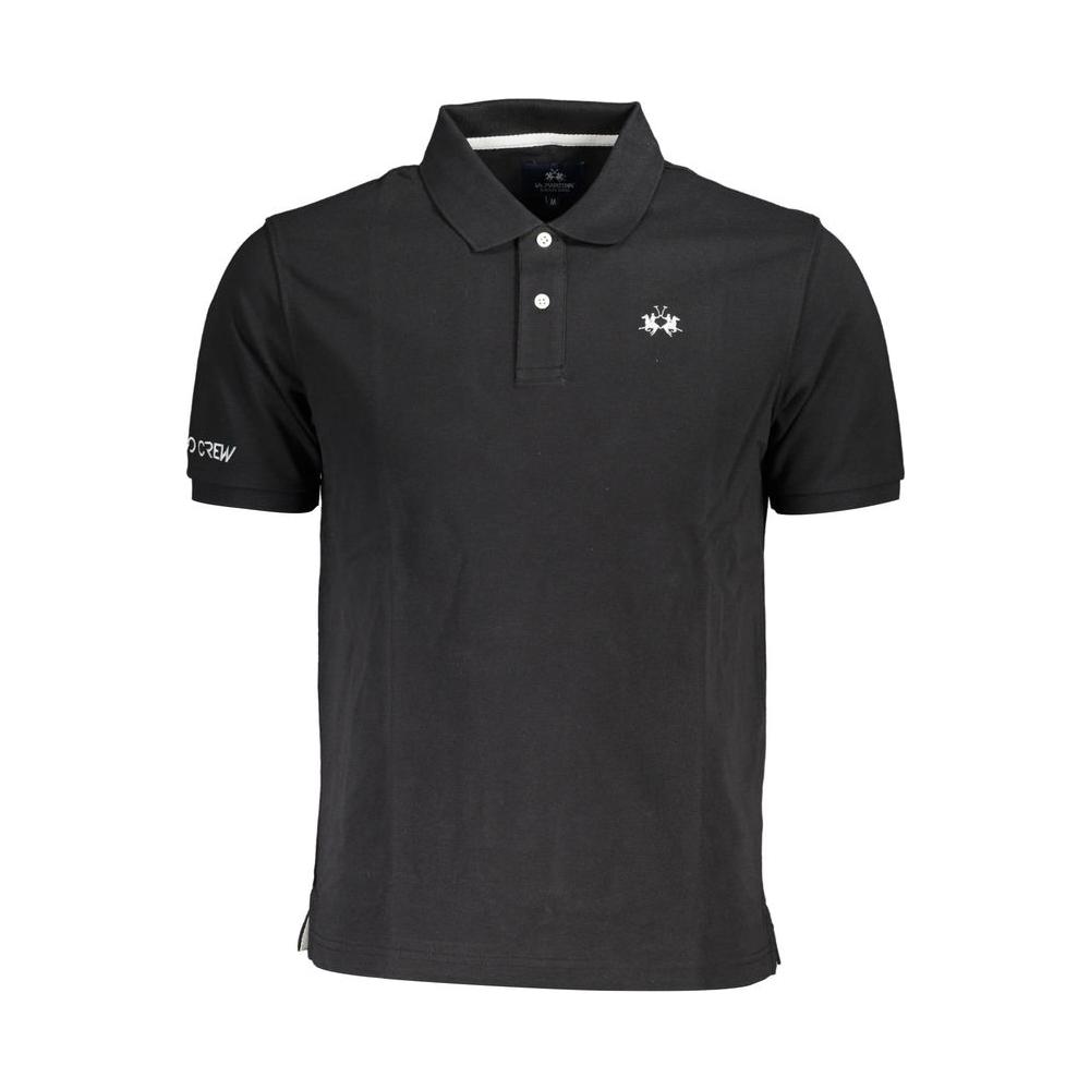 La Martina Sleek Black Cotton Polo Shirt with Embroidery La Martina