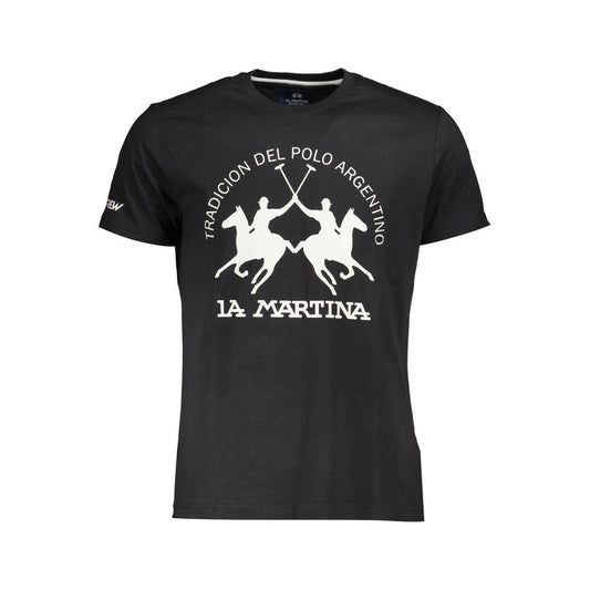 La Martina Elegant Black Cotton Tee with Iconic Print La Martina