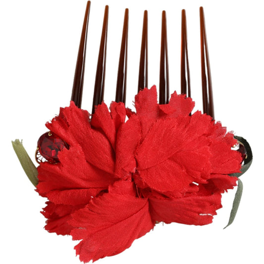 Dolce & Gabbana Red Silk Floral Gold Brass Women Hair Comb FASHION ACCESSORIES Dolce & Gabbana