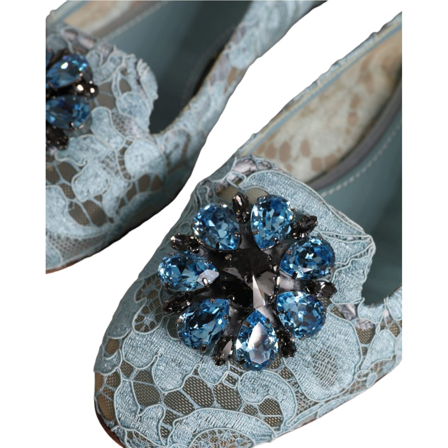 Dolce & Gabbana Blue Lace Crystal Ballet Flats Loafers Shoes Dolce & Gabbana