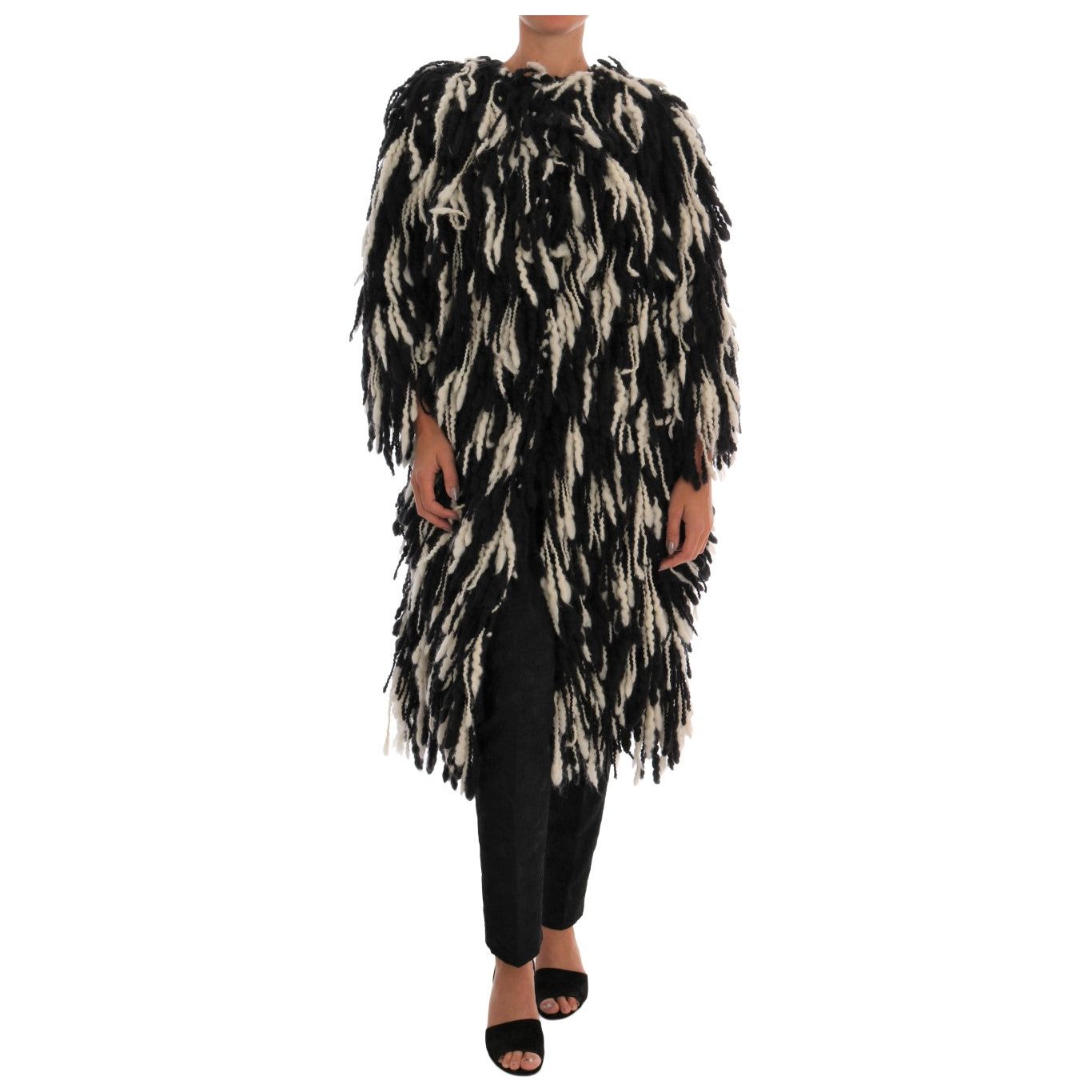 Dolce & Gabbana Black and White Fringed Wool Coat Jacket Coats & Jackets Dolce & Gabbana