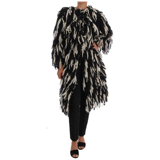 Dolce & Gabbana Black and White Fringed Wool Coat Jacket Coats & Jackets Dolce & Gabbana