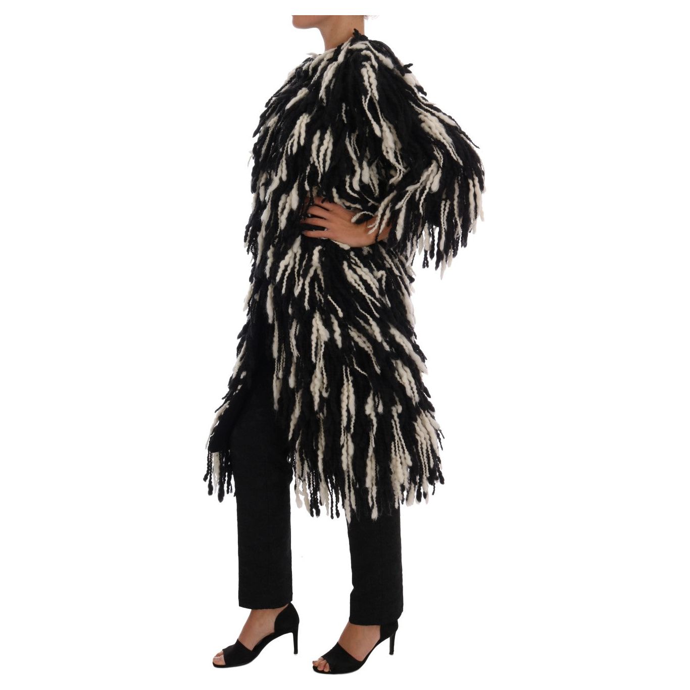 Dolce & Gabbana Black and White Fringed Wool Coat Jacket Coats & Jackets Dolce & Gabbana