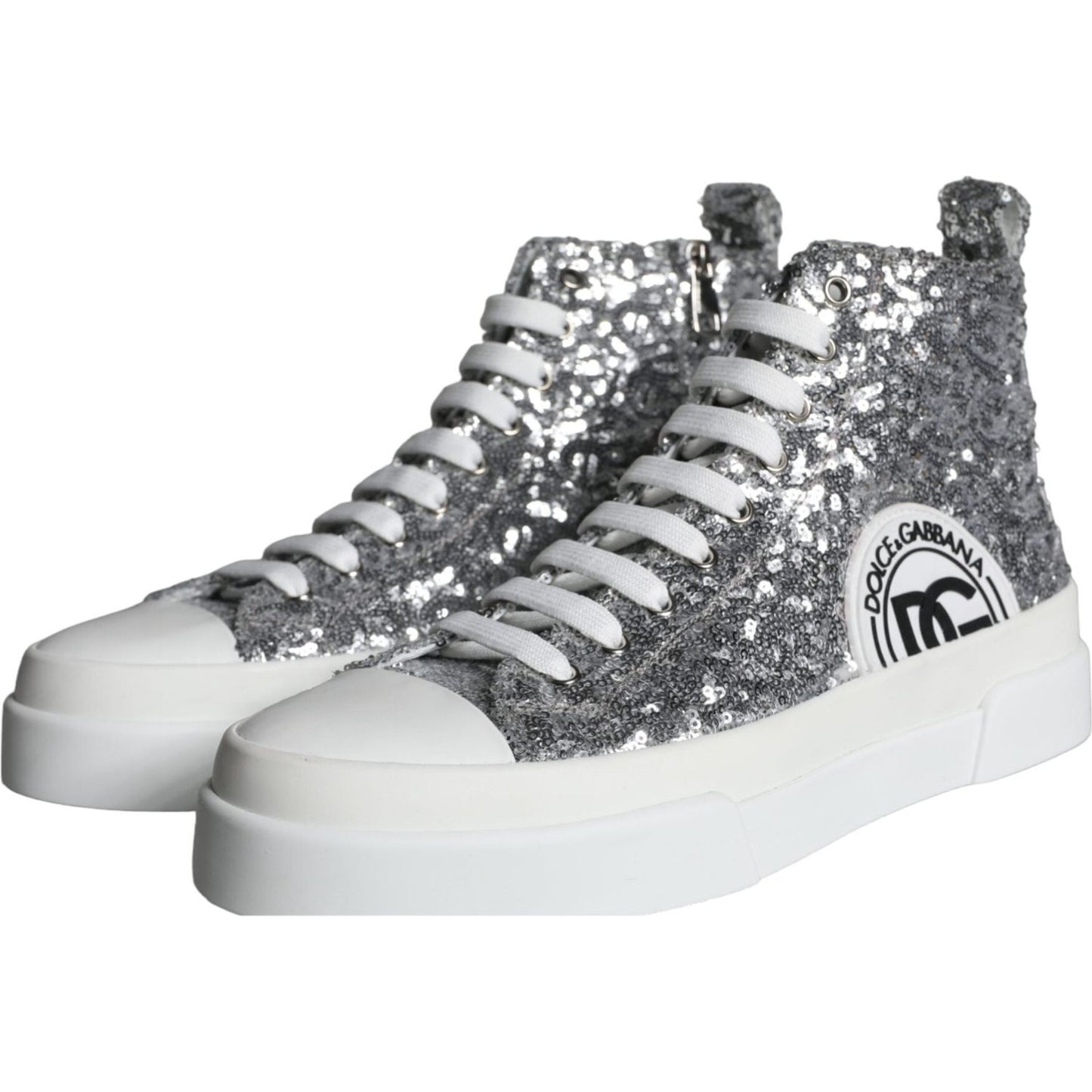 Dolce & Gabbana Silver White Sequined High Top Sneakers Shoes Dolce & Gabbana