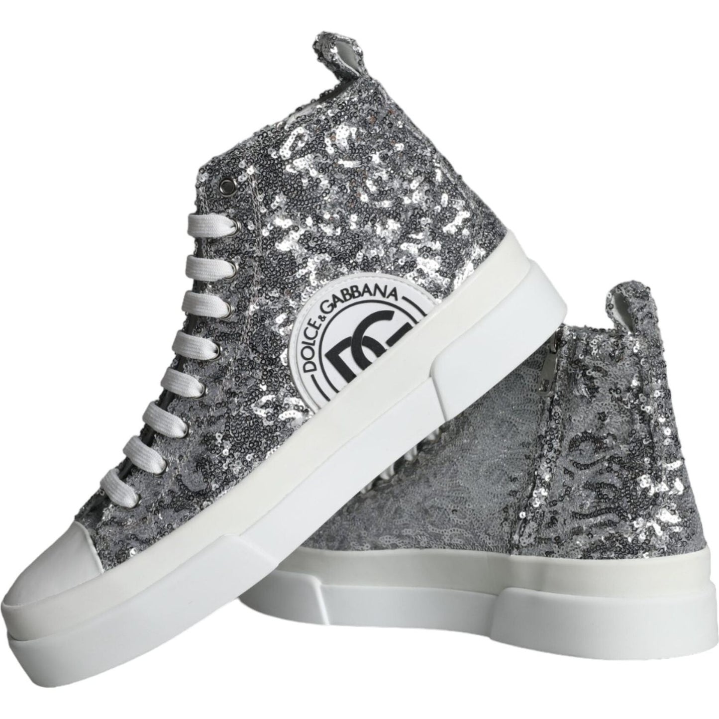 Dolce & Gabbana Silver White Sequined High Top Sneakers Shoes Dolce & Gabbana