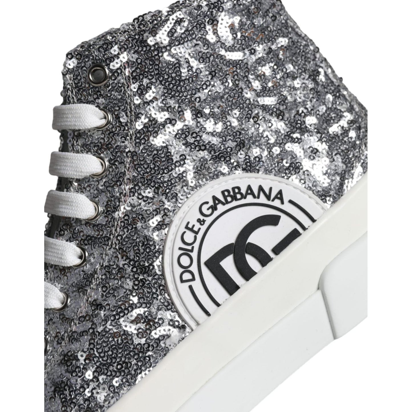 Dolce & Gabbana Silver White Sequined High Top Sneakers Shoes Dolce & Gabbana