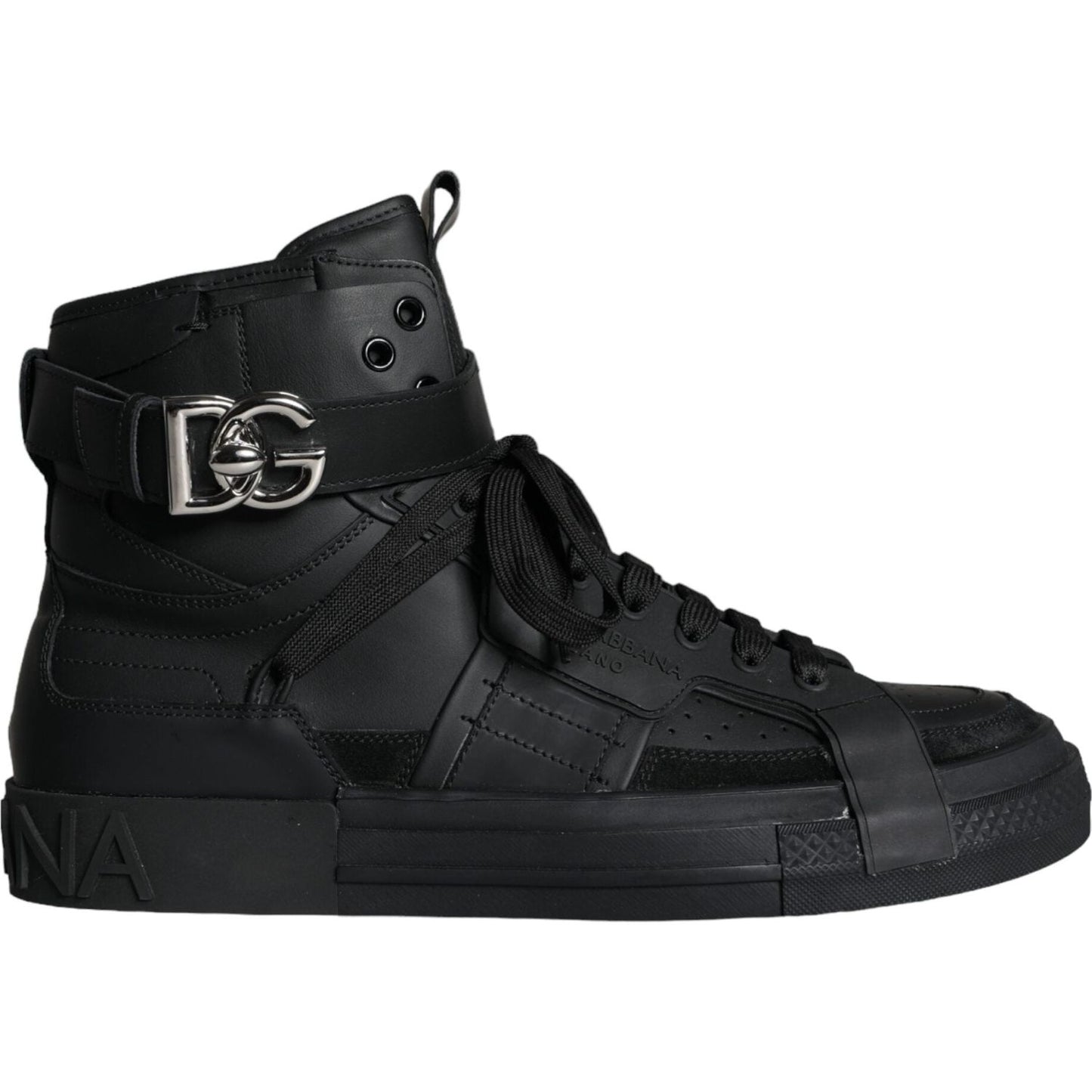 Dolce & Gabbana Black Leather High Top Logo Sneakers Shoes Dolce & Gabbana