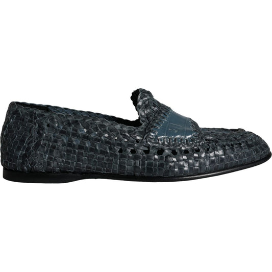 Dolce & Gabbana Blue Woven Leather Slip On Loafers Men Shoes Dolce & Gabbana