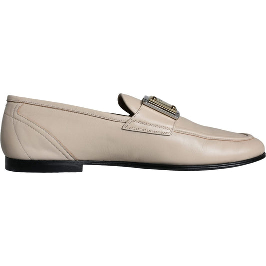 Dolce & Gabbana Beige Leather Logo Plaque Slip On Men Loafers Shoes Dolce & Gabbana