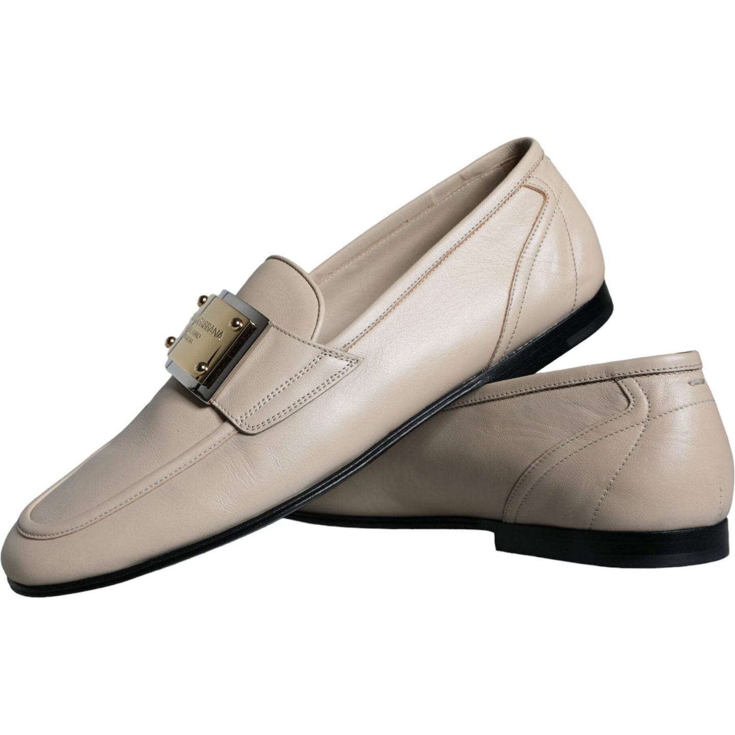 Dolce & Gabbana Beige Leather Logo Plaque Slip On Men Loafers Shoes Dolce & Gabbana