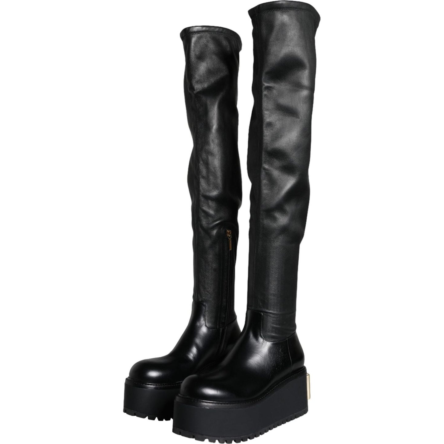 Dolce & Gabbana Black Leather Logo Knee High Boots Shoes Dolce & Gabbana