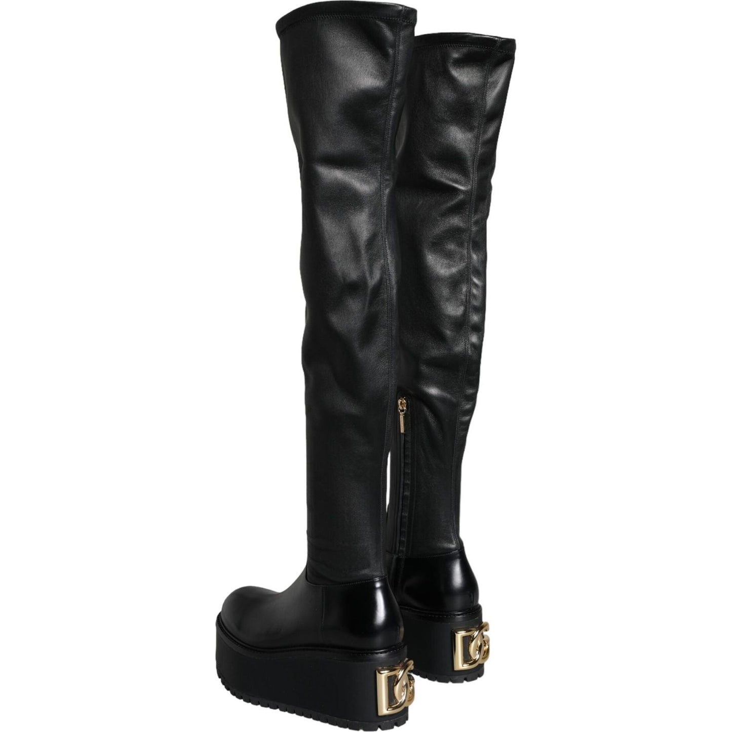 Dolce & Gabbana Black Leather Logo Knee High Boots Shoes Dolce & Gabbana