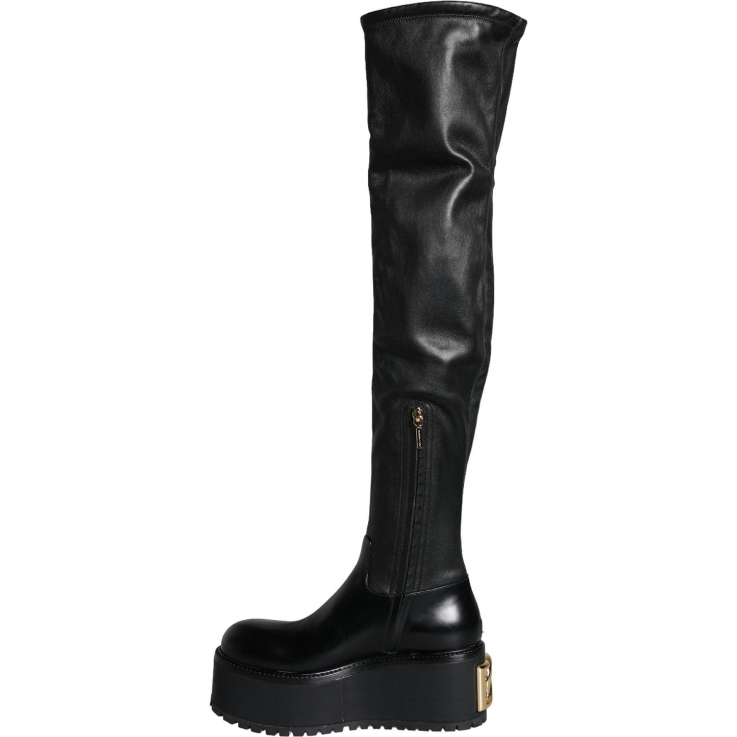 Dolce & Gabbana Black Leather Logo Knee High Boots Shoes Dolce & Gabbana