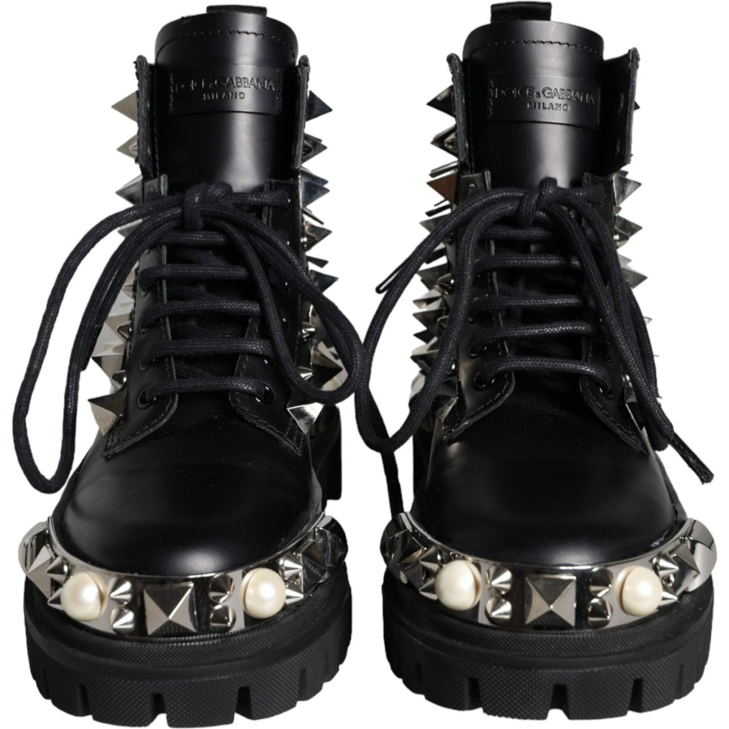 Dolce & Gabbana Black Leather Studs Embellished Combat Boots Shoes Dolce & Gabbana