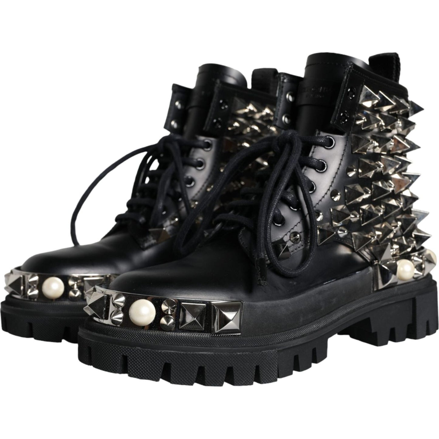 Dolce & Gabbana Black Leather Studs Embellished Combat Boots Shoes Dolce & Gabbana