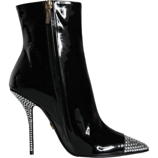 Dolce & Gabbana Black Patent Leather Crystal Heel Boots Shoes Dolce & Gabbana