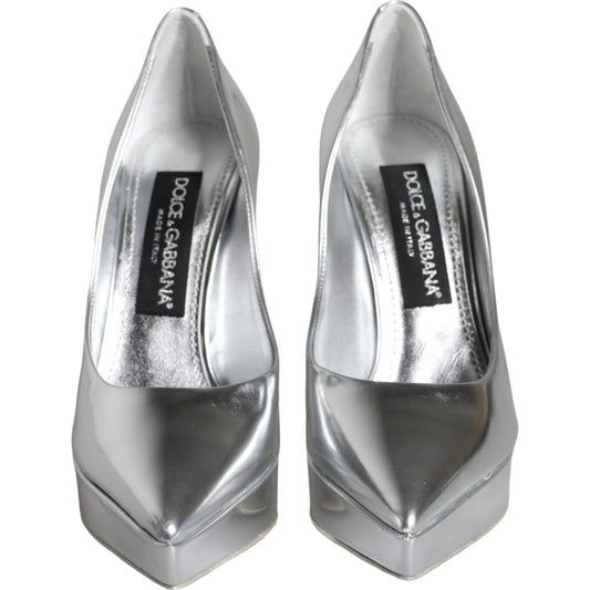 Dolce & Gabbana Silver Leather Platform Heels Pumps Shoes Dolce & Gabbana