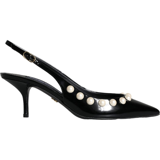 Dolce & Gabbana Black Leather Faux Pearl Heel Slingback Shoes Dolce & Gabbana