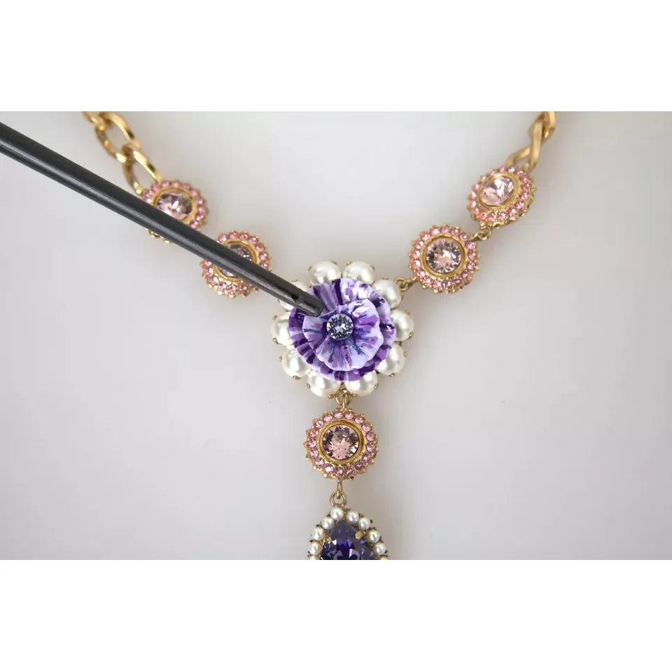 Dolce & Gabbana Gold Brass Crystal Purple Pink Pearl Pendants Necklace Dolce & Gabbana