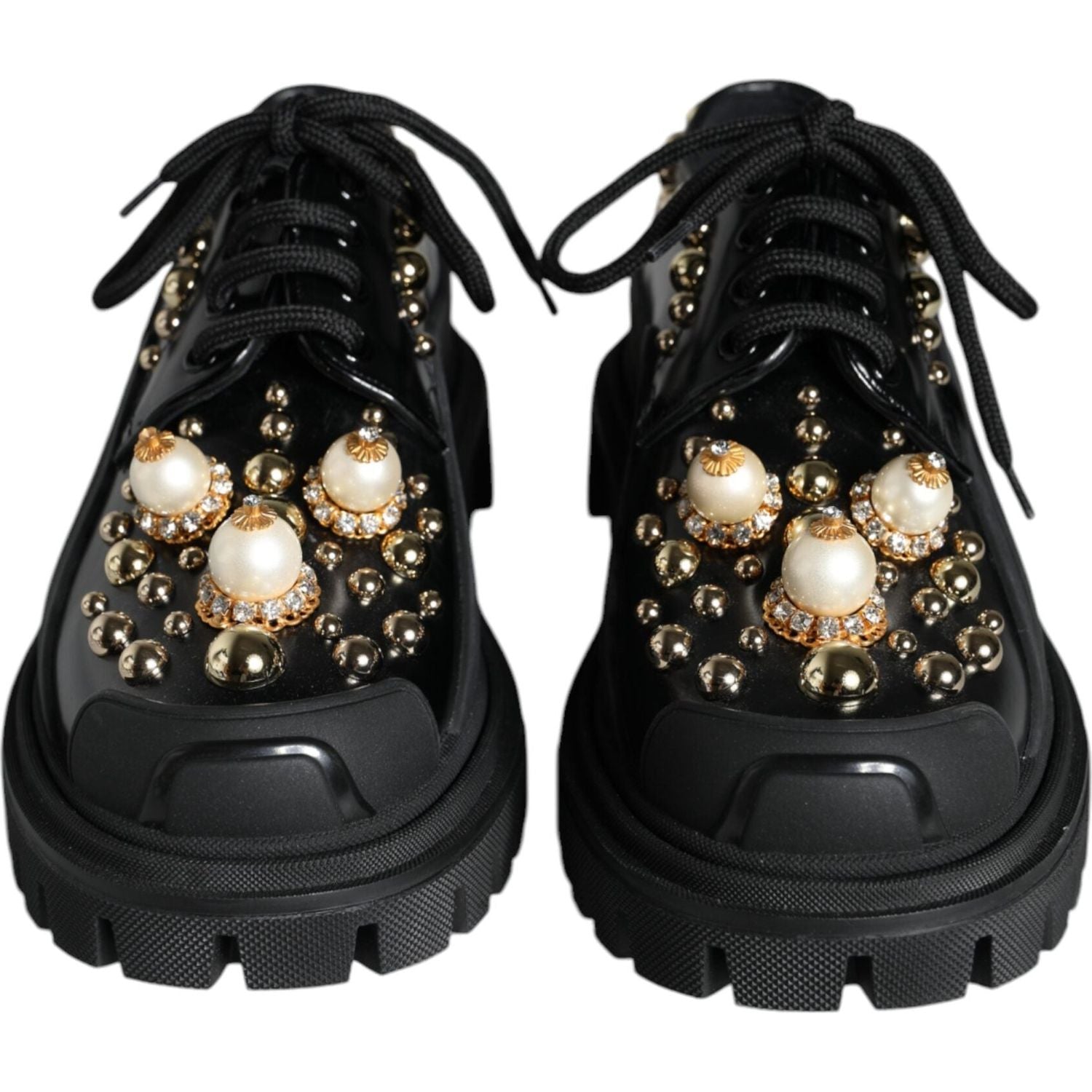 Dolce & Gabbana Black Leather Trekking Derby Embellished Shoes