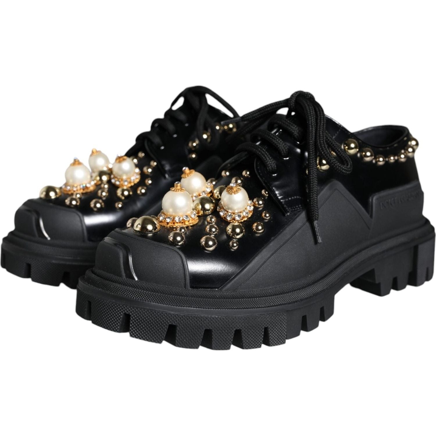 Dolce & Gabbana Black Leather Trekking Derby Embellished Shoes