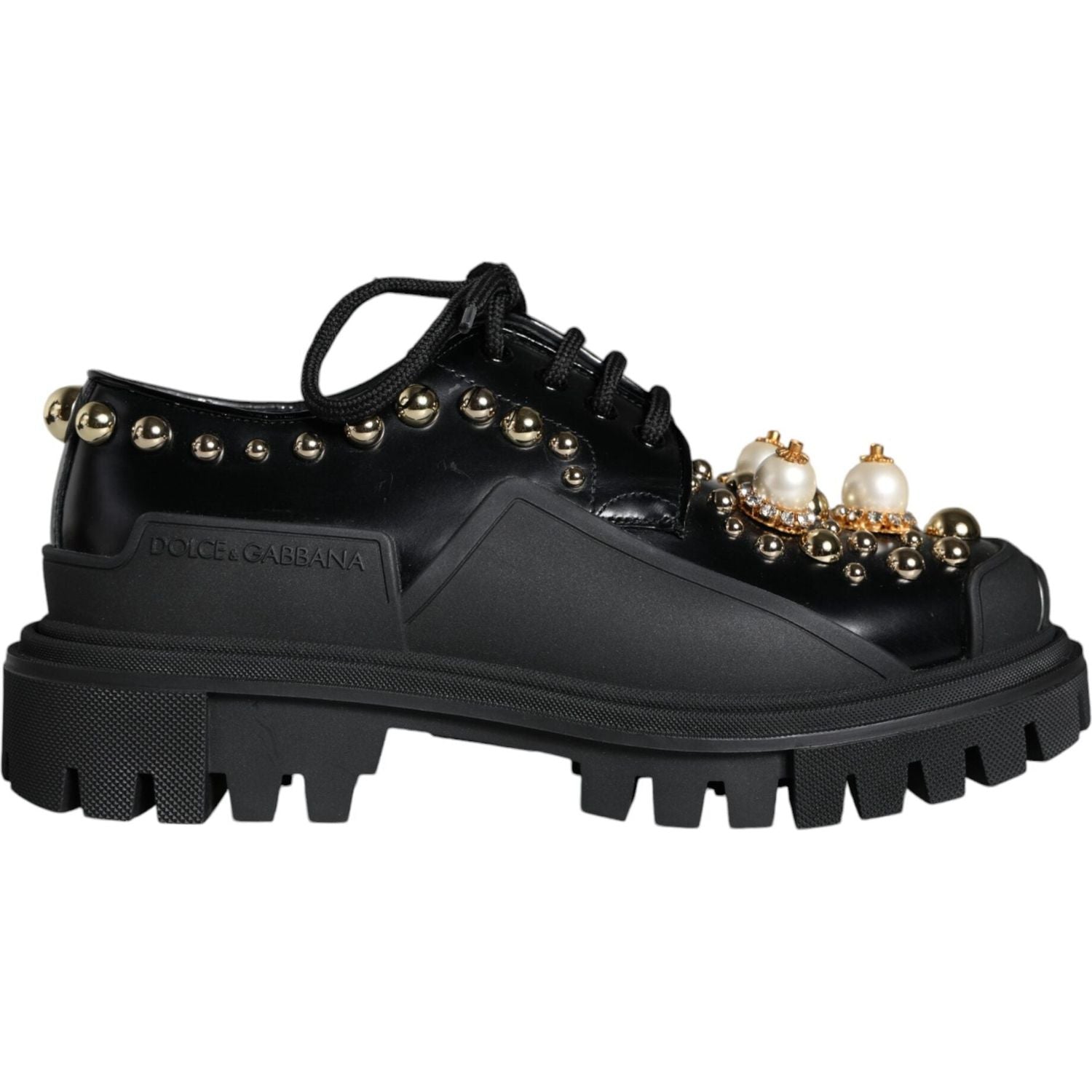 Dolce & Gabbana Black Leather Trekking Derby Embellished Shoes