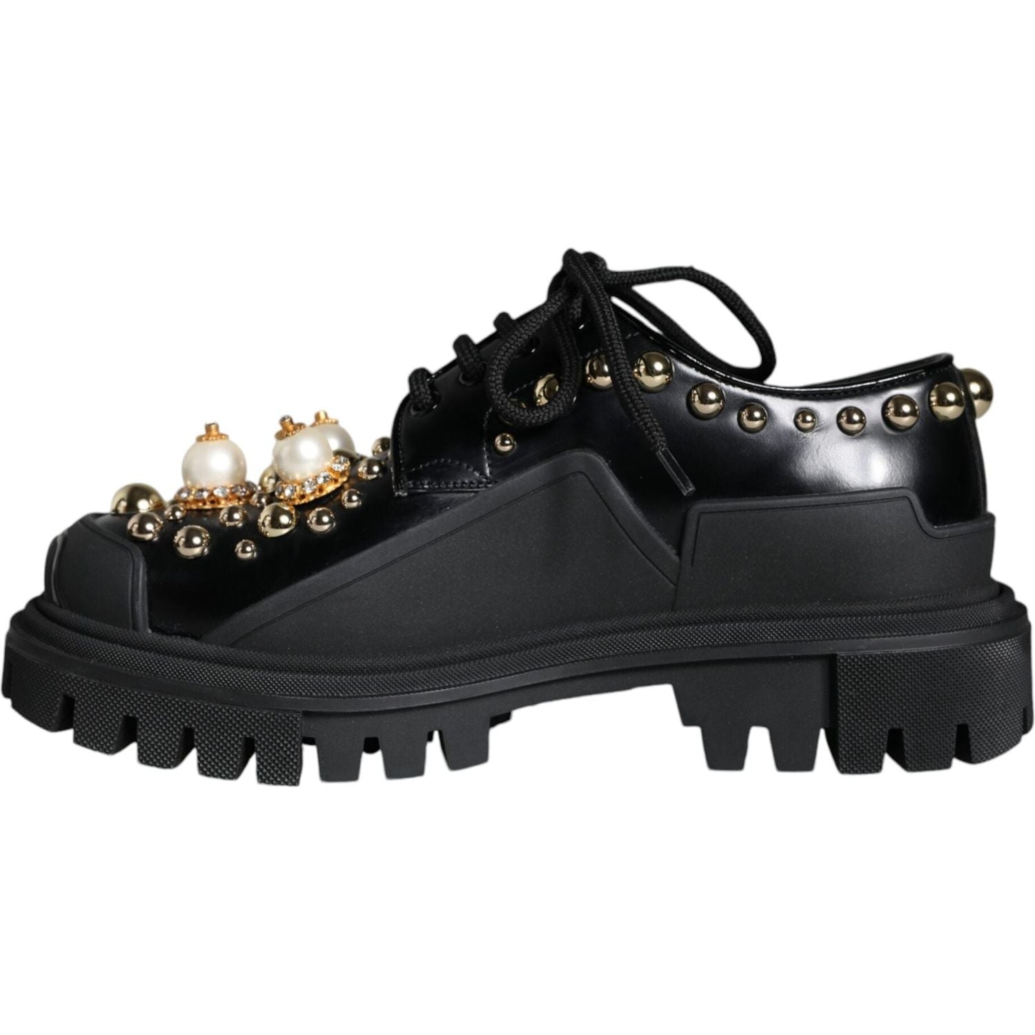 Dolce & Gabbana Black Leather Trekking Derby Embellished Shoes