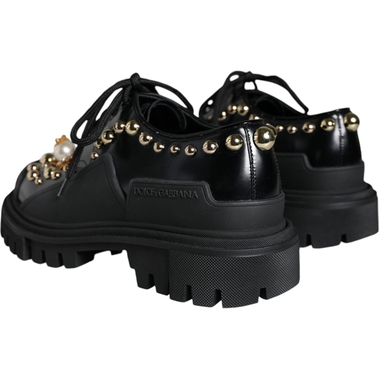 Dolce & Gabbana Black Leather Trekking Derby Embellished Shoes