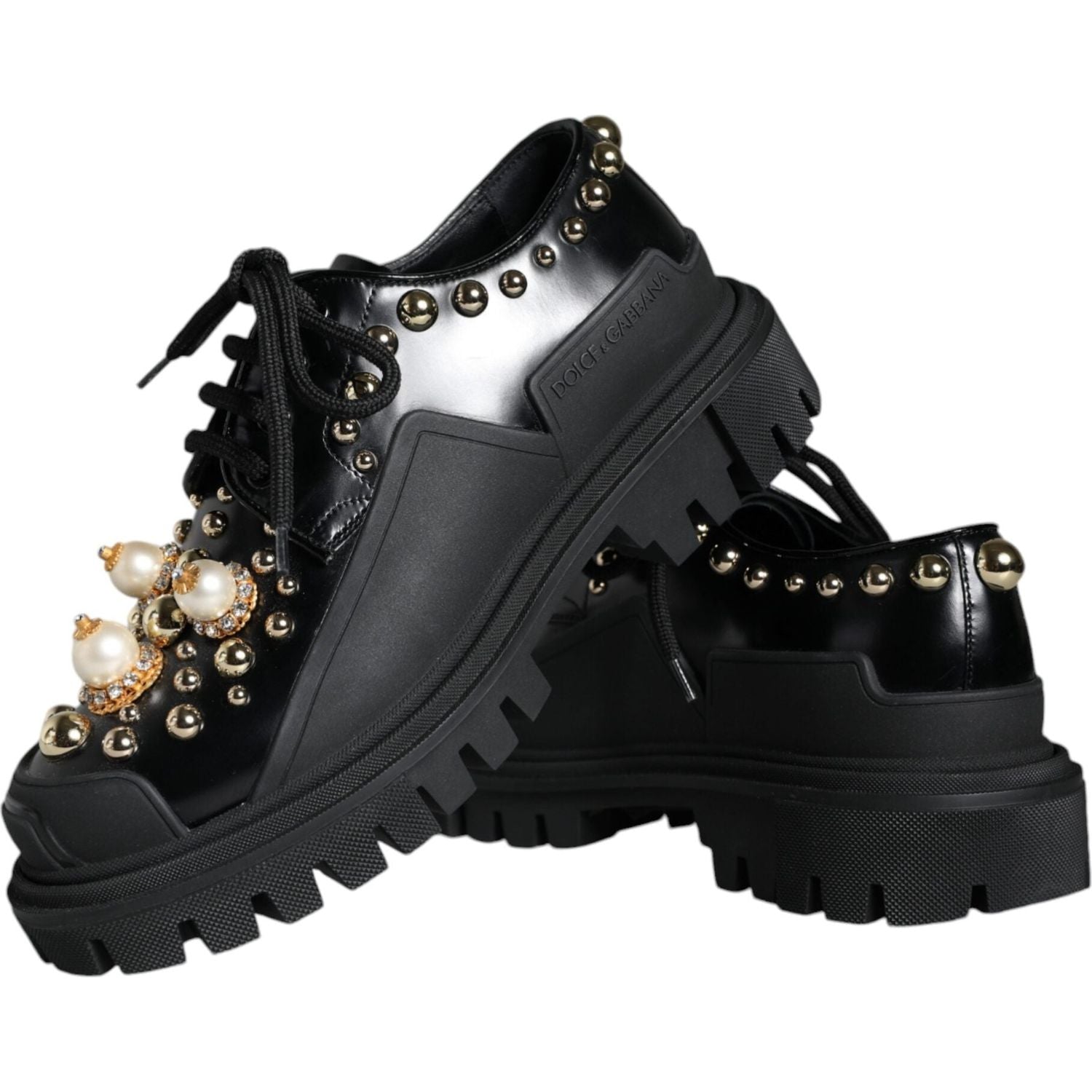 Dolce & Gabbana Black Leather Trekking Derby Embellished Shoes