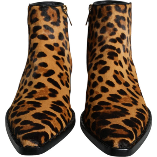 Dolce & Gabbana Brown Leopard Calf Fur Ankle Boots Shoes Dolce & Gabbana