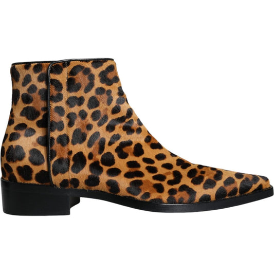 Dolce & Gabbana Brown Leopard Calf Fur Ankle Boots Shoes Dolce & Gabbana