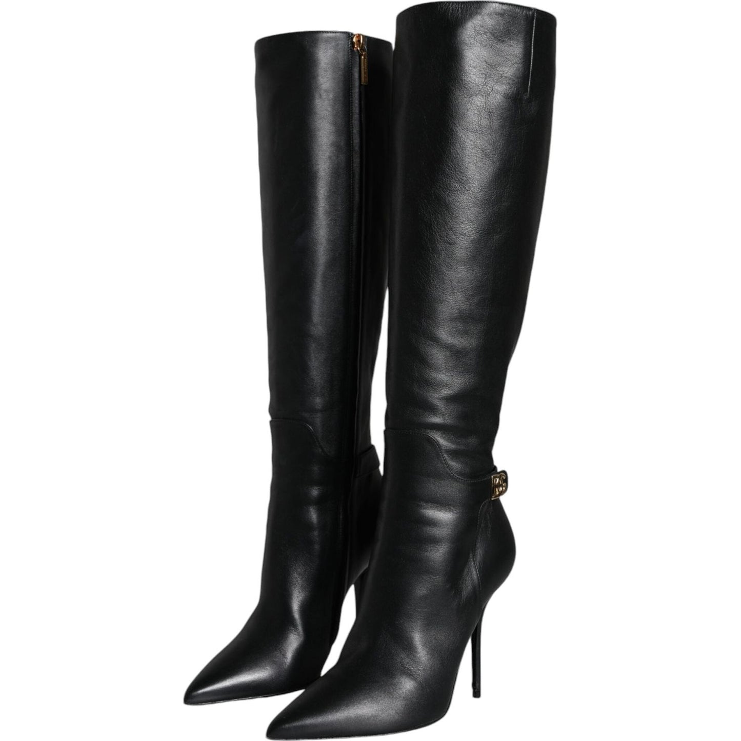 Dolce & Gabbana Black Leather Gold Tone Logo High Boots Shoes Dolce & Gabbana