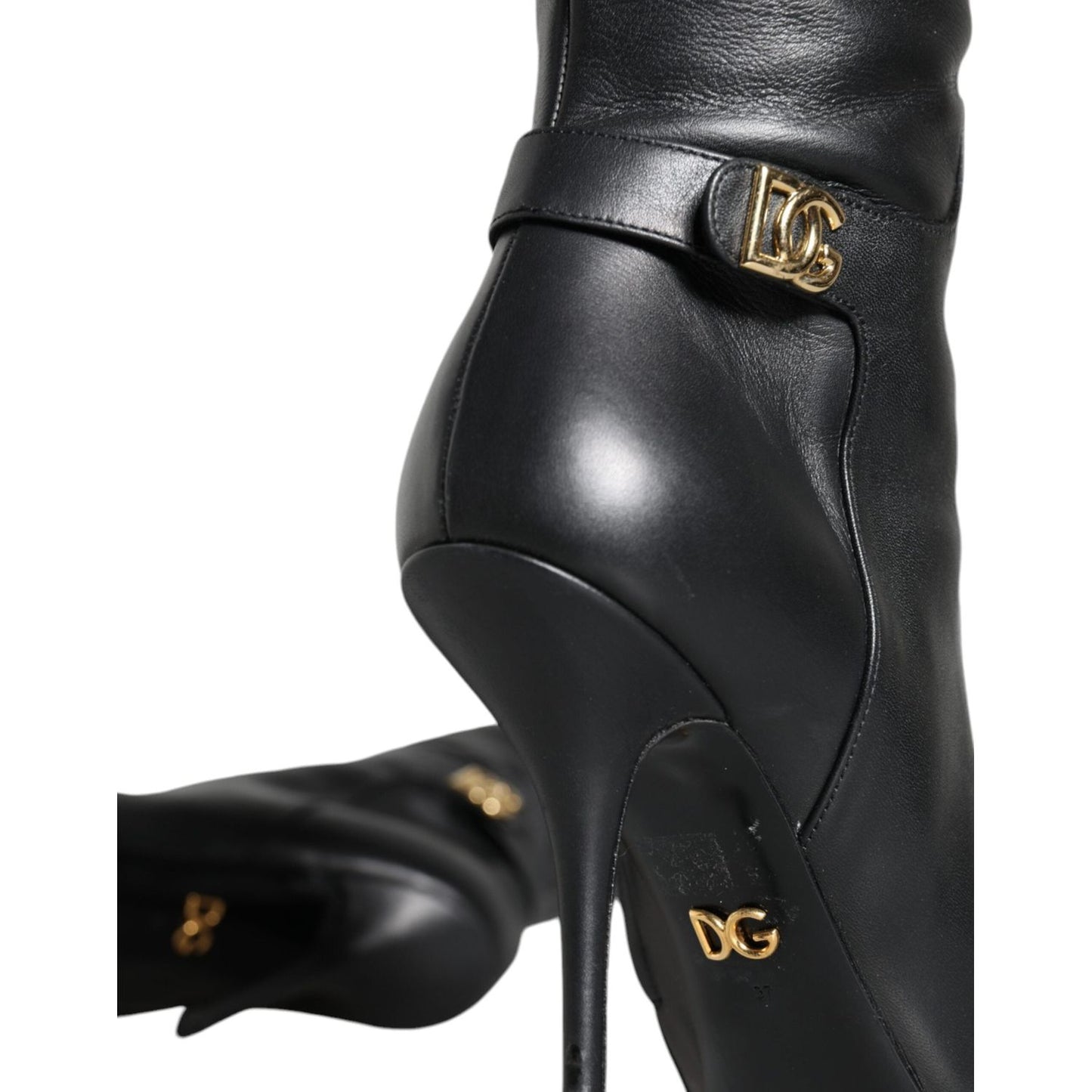 Dolce & Gabbana Black Leather Gold Tone Logo High Boots Shoes Dolce & Gabbana