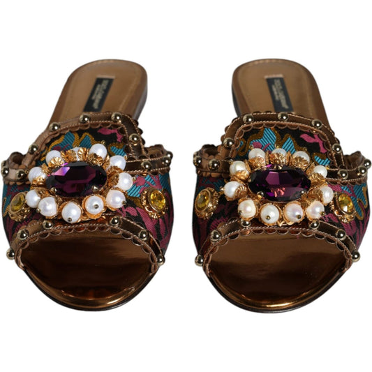 Dolce & Gabbana Multicolor Jacquard Embellished Slides Flats Shoes Dolce & Gabbana