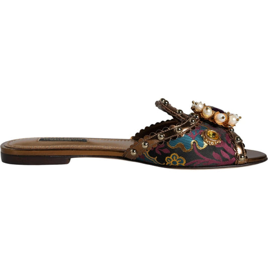 Dolce & Gabbana Multicolor Jacquard Embellished Slides Flats Shoes Dolce & Gabbana