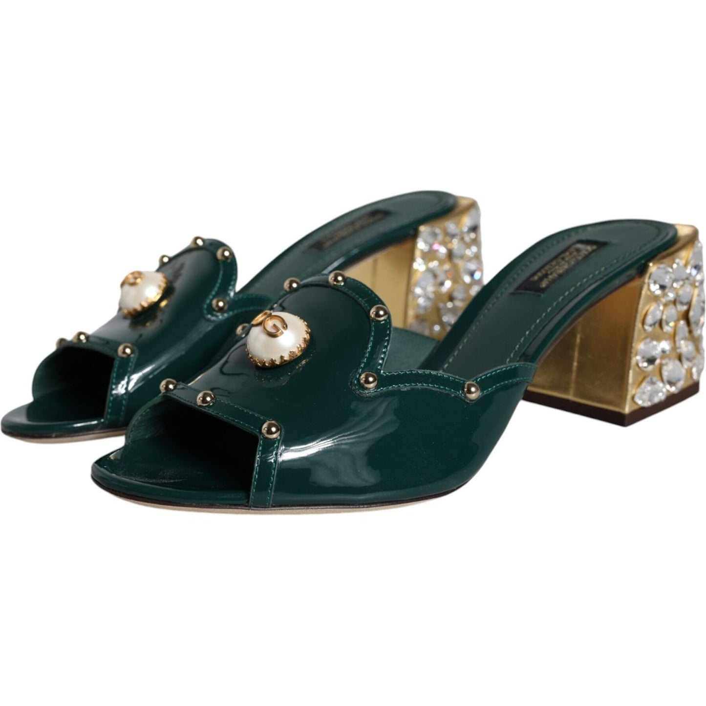 Dolce & Gabbana Green Crystal Leather Slides Sandals Shoes Dolce & Gabbana