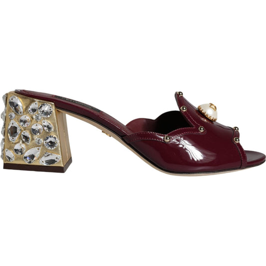 Dolce & Gabbana Maroon Crystal Leather Slides Sandals Shoes Dolce & Gabbana