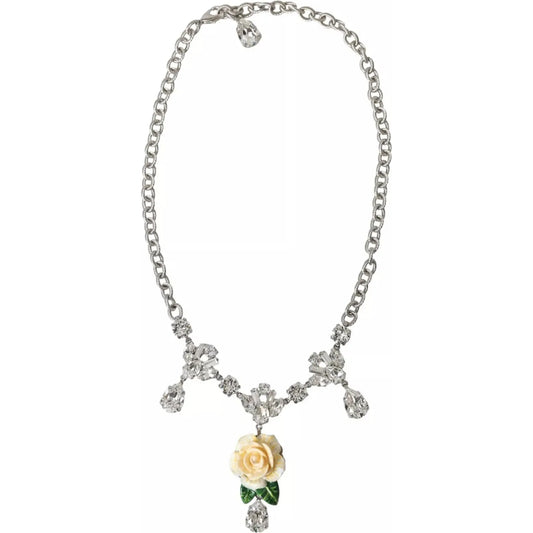 Dolce & Gabbana Silver Brass Clear Crystal Roses Pendants Necklace Dolce & Gabbana